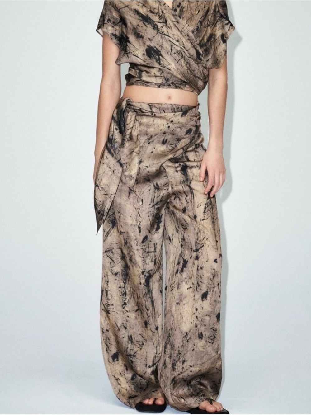 Zara Taupe & Black Wide-Leg Tie-Dye Pants